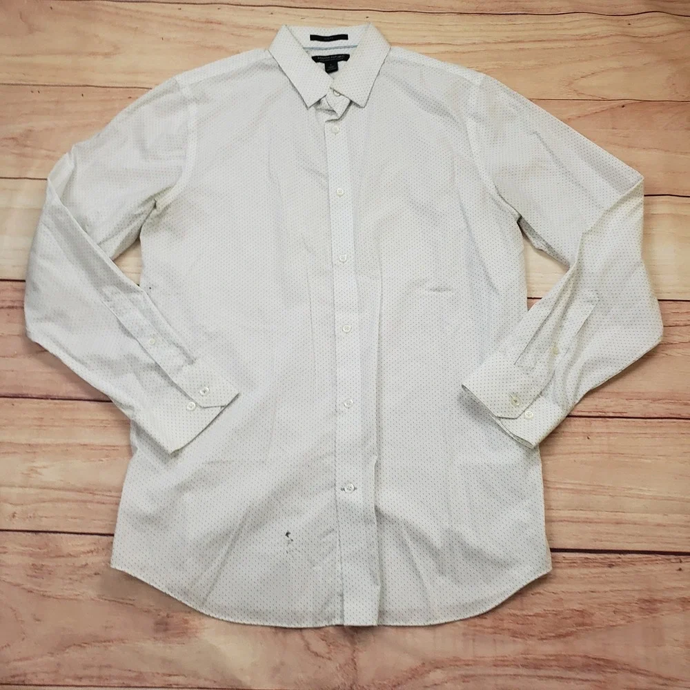 Banana Republic Shirt Mens L 16 White Blue Slim Fit Non-Iron‎ Dress Micro Dot *